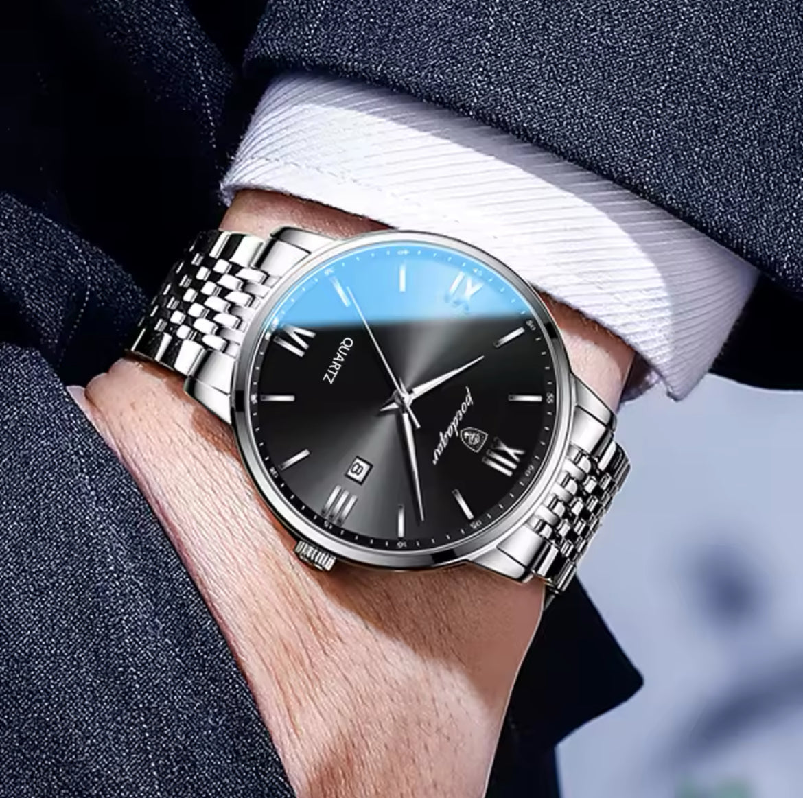 POEDAGAR Slim Silver Watch for Men