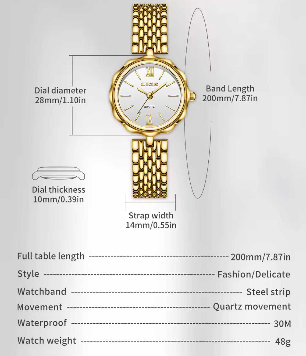 LIGE Golden Watch for Women