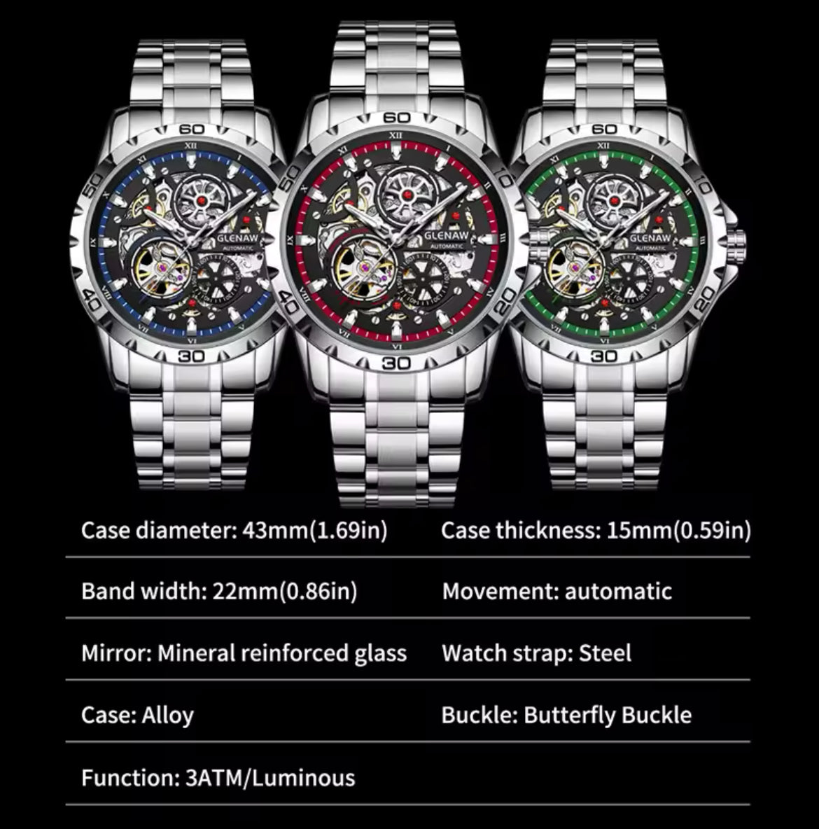 GLENAW Skeleton Watch for Men